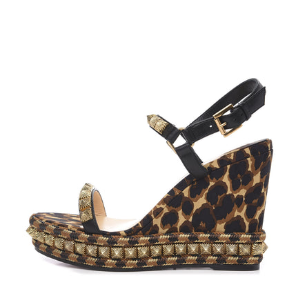 Christian Louboutin Nappa Silk Leopard Pira Ryad 110 Wedge Sandals 40 Black Marron 1 of 8