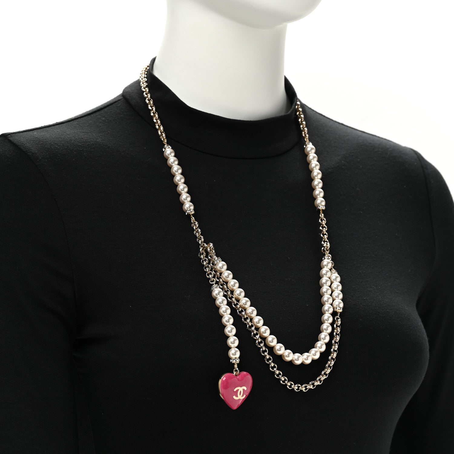 Chanel Pearl Crystal CC Heart Multi Strand Necklace Gold White Pink 2 of 6