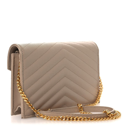 Saint Laurent Grain De Poudre Matelasse Chevron Monogram Envelope Chain Wallet Dark Beige 2 of 11