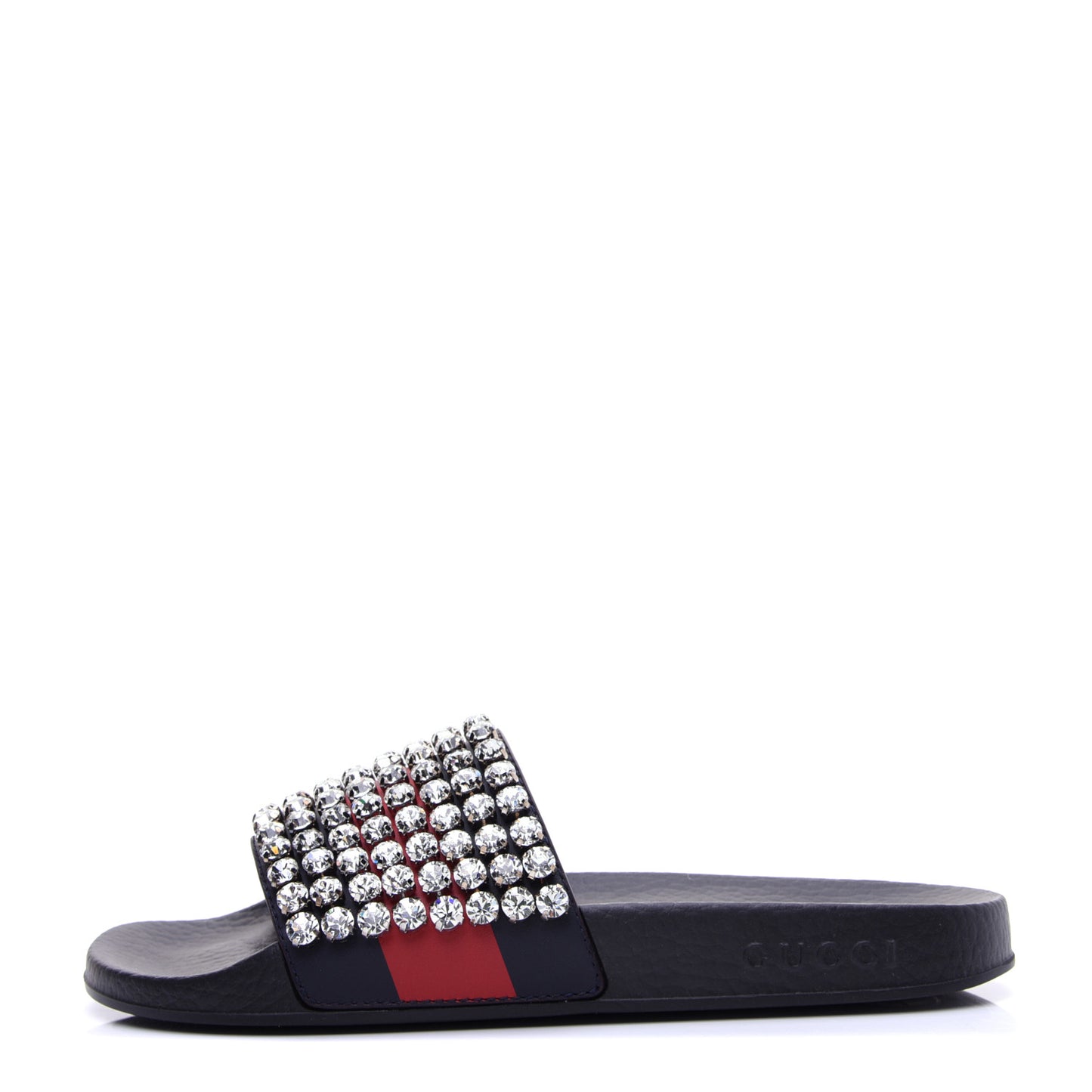 Calfskin Crystal Embellished Web Slide Sandals 38 Blue Red