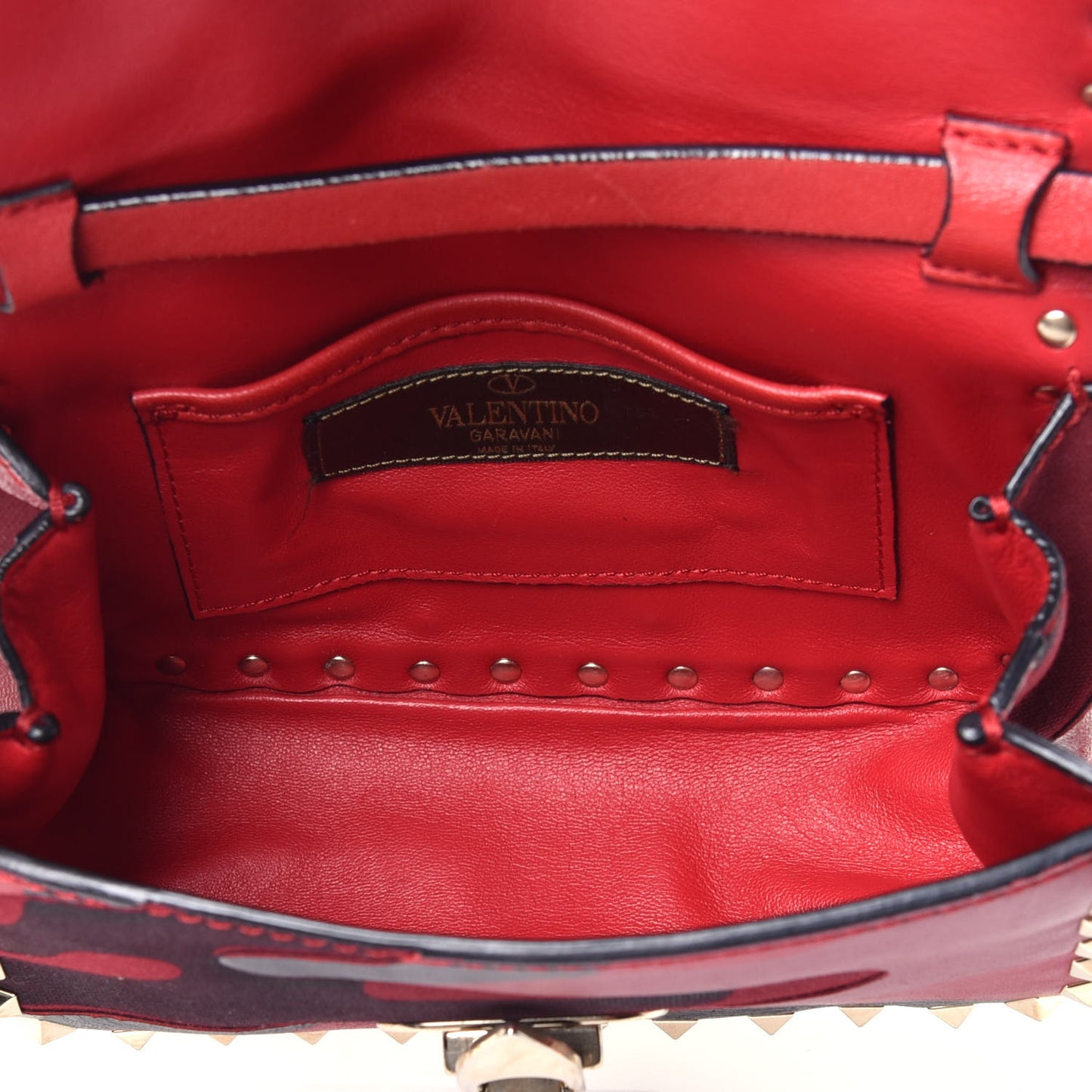 Nappa Canvas Camouflage Mini Rockstud Flap Saddle Crossbody Bag Red