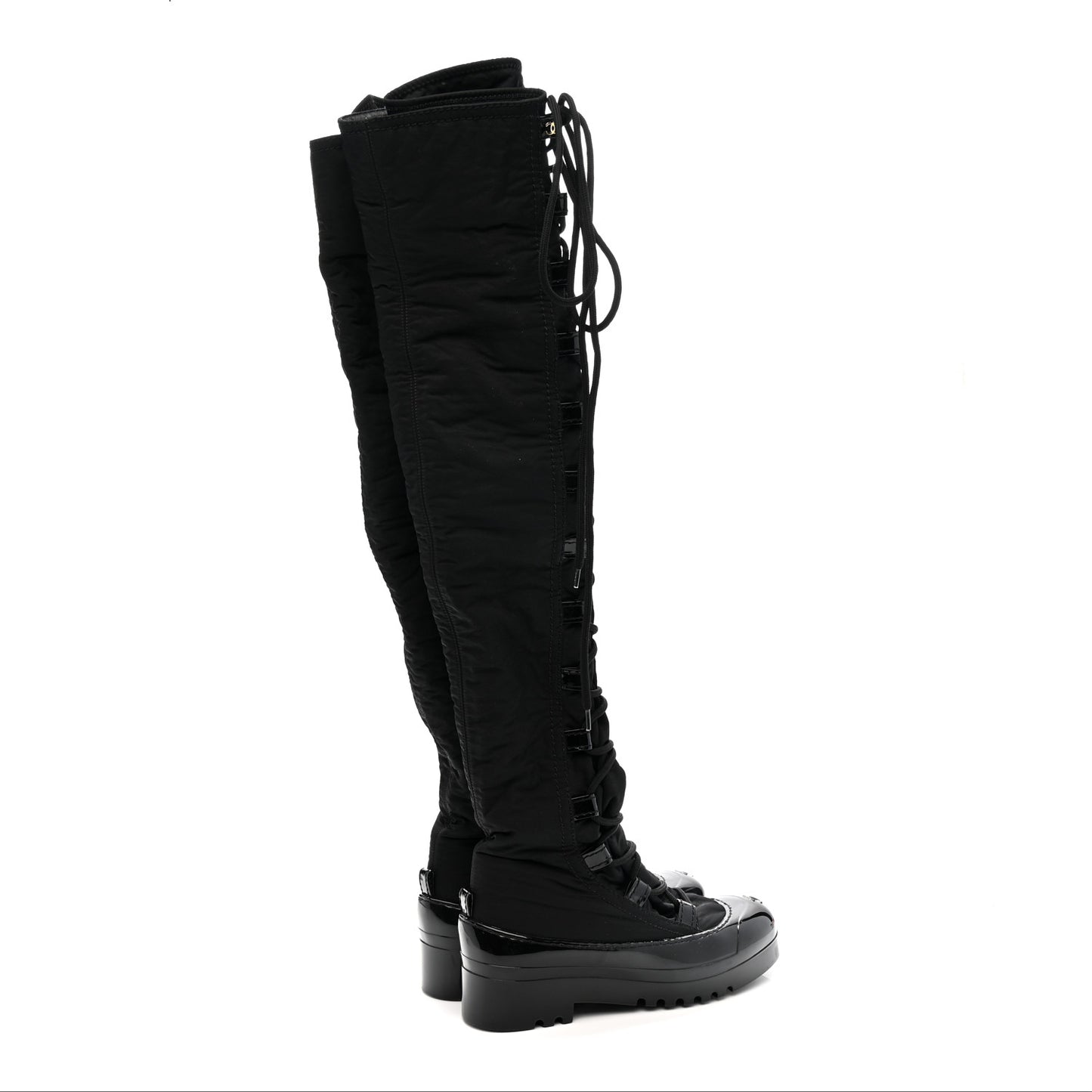 Nylon Rubber CC Lace Up Thigh High Boots 40 Black