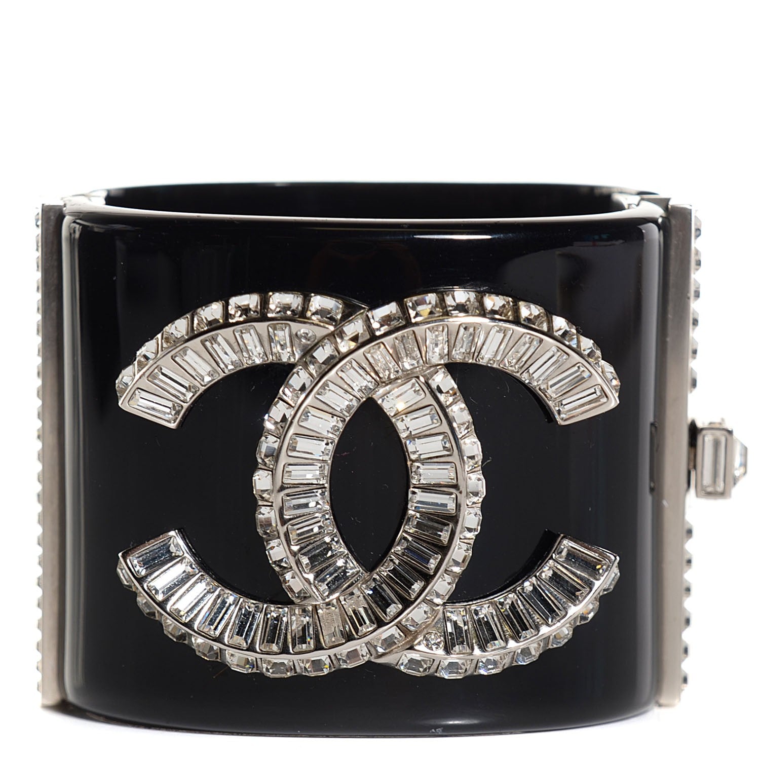 Chanel Resin Crystal Baguette CC Wide Cuff Black 1 of 7
