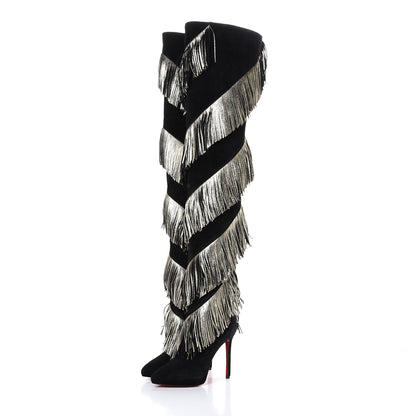 Christian Louboutin Veau Velours Lame Tweed Bolcheva 120 Thigh High Boots 36 Black Platine 3 of 7