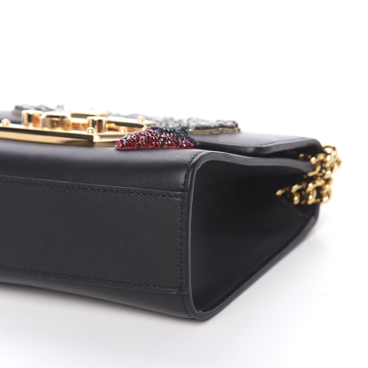 Gucci Calfskin Strawberry Embroidered Small Padlock Shoulder Bag Black 10 of 11
