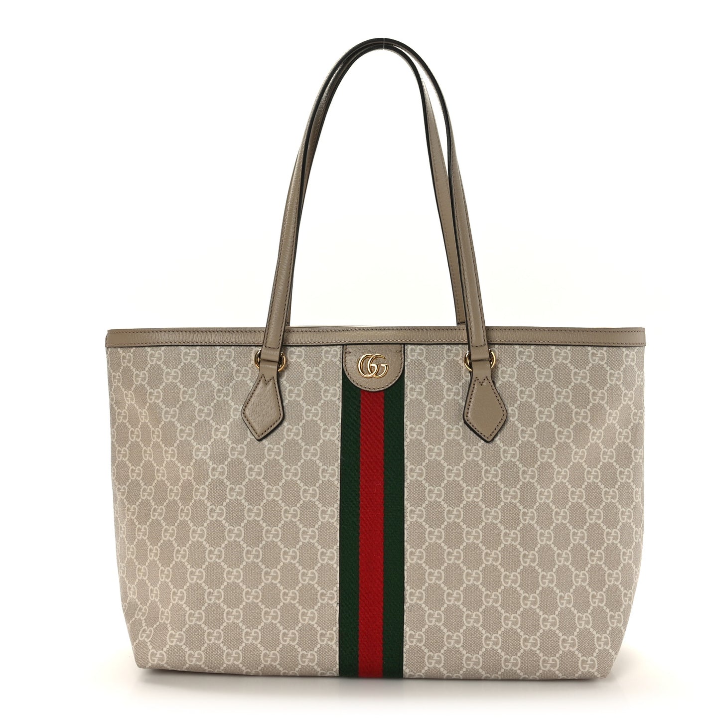 GG Supreme Monogram Textured Dollar Calfskin Web Medium Ophidia Shopping Tote Beige Mystic White Oatmeal