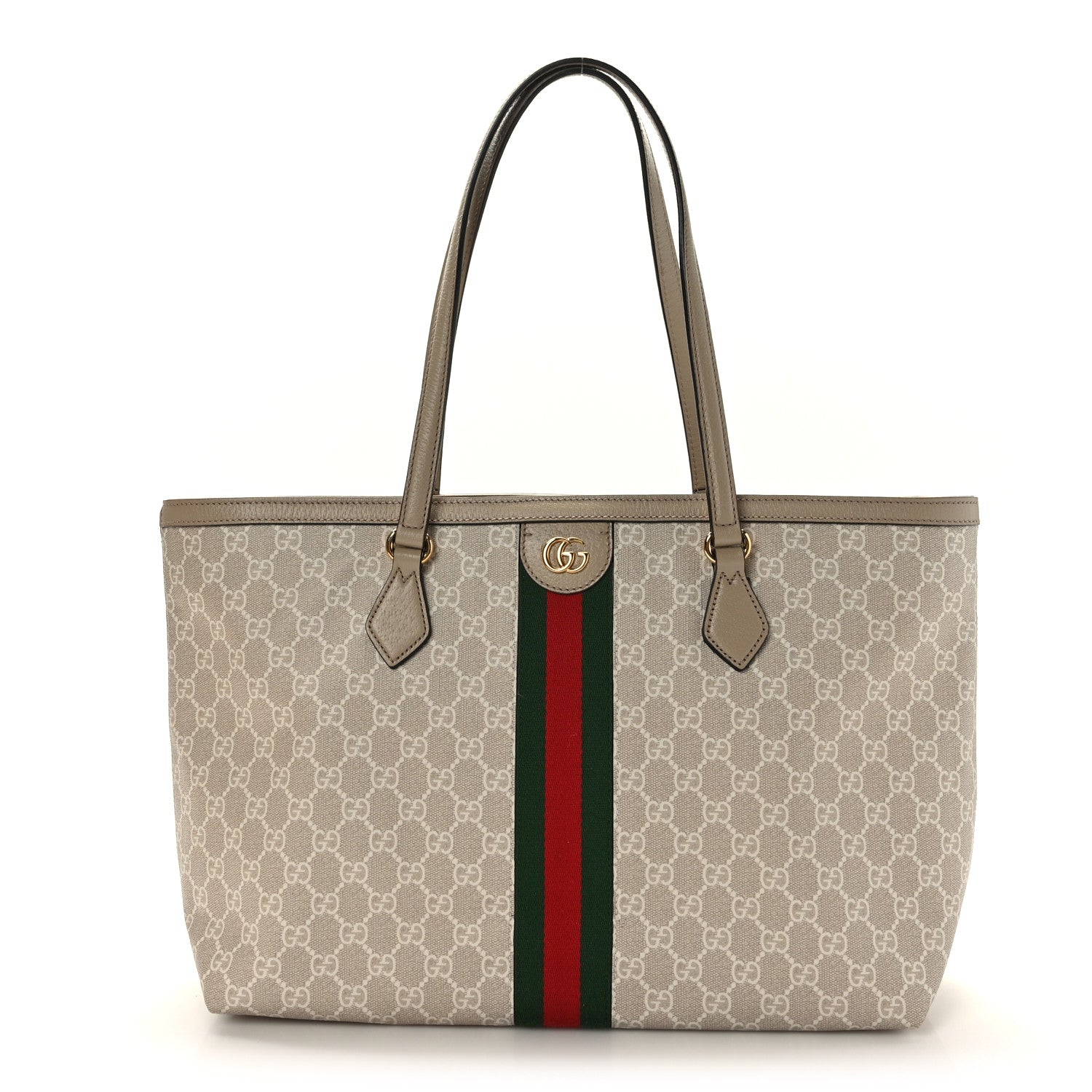 Gucci GG Supreme Monogram Textured Dollar Calfskin Web Medium Ophidia Shopping Tote Beige Mystic White Oatmeal 1 of 9