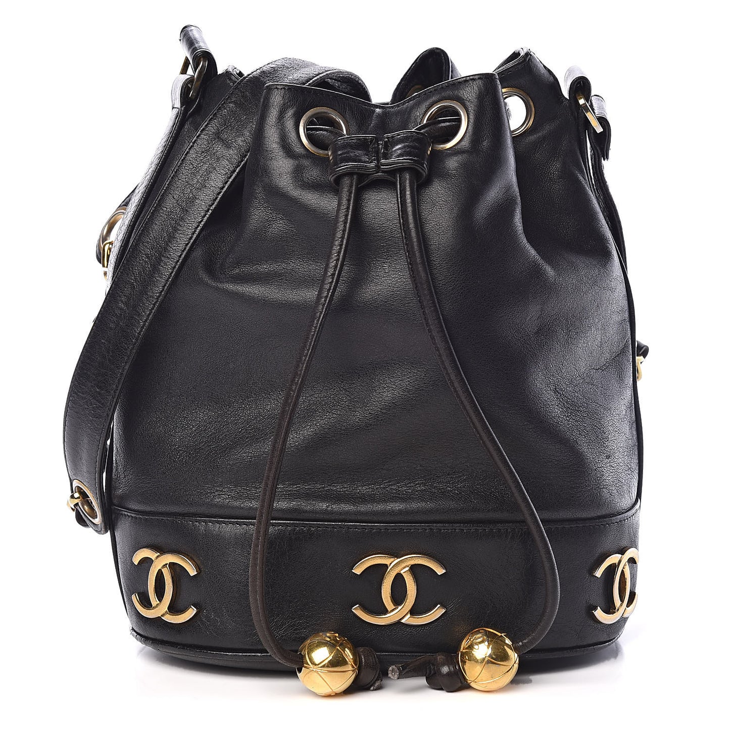 Lambskin CC Drawstring Shoulder Bag Black