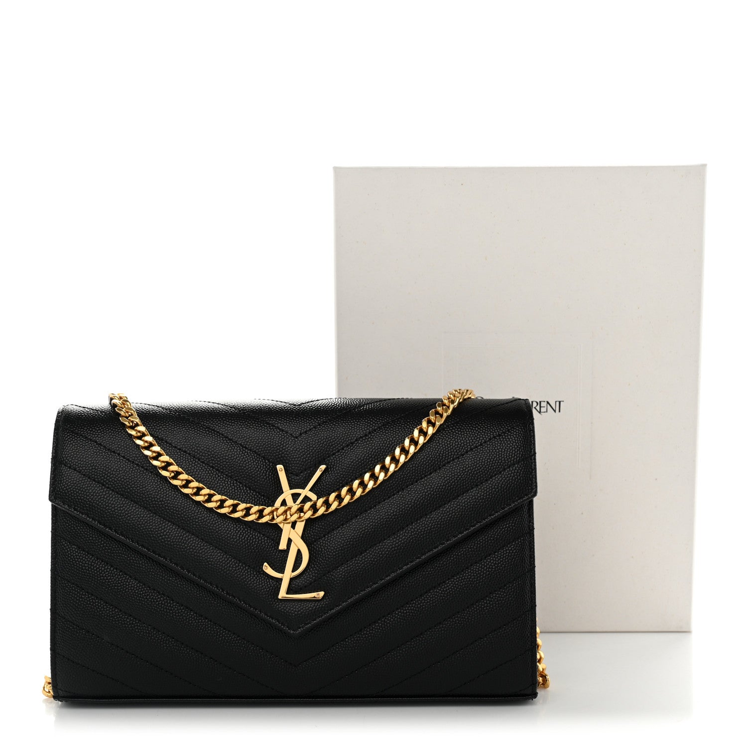 Saint Laurent Grain De Poudre Matelasse Chevron Monogram Chain Wallet Black 11 of 11