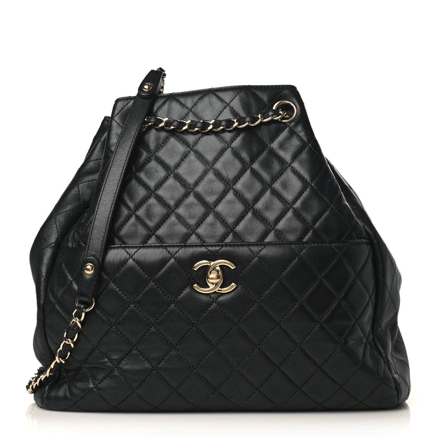 Lambskin Quilted Large Drawstring Bag Black