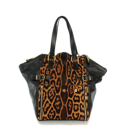 Saint Laurent Calfskin Leopard Print Pony Hair Medium Downtown Tote Dark Brown 1 of 8