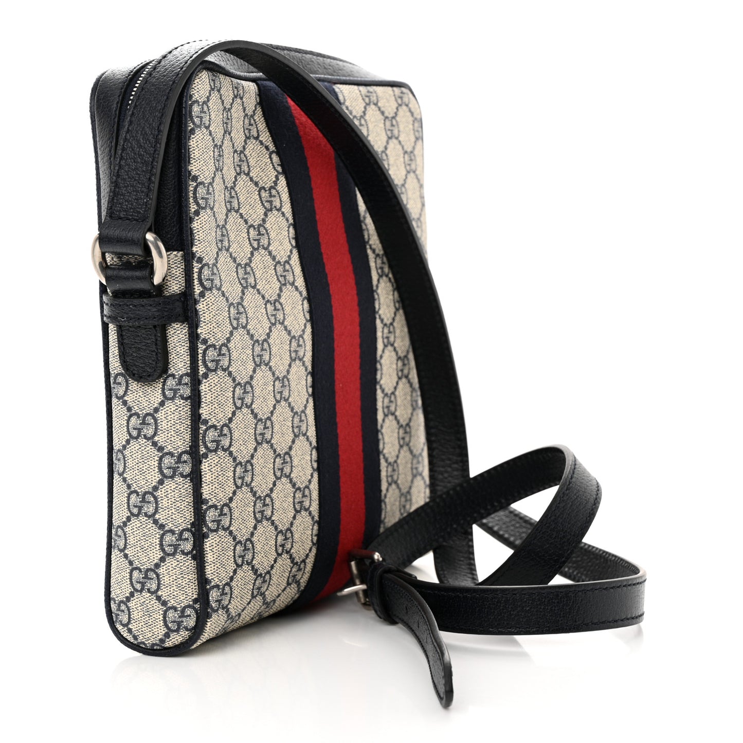 GG Supreme Monogram Textured Dollar Calfskin Web Small Ophidia Messenger Bag Beige Blue