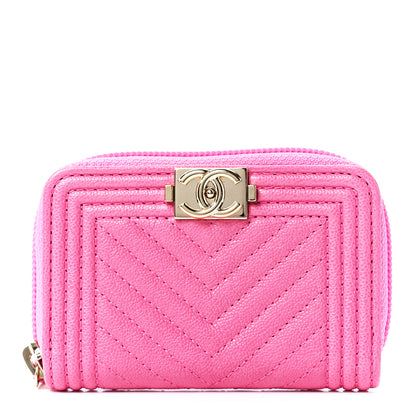Chanel Caviar Chevron Quilted Boy Zip Around Coin Purse Wallet Pink 1 of 12