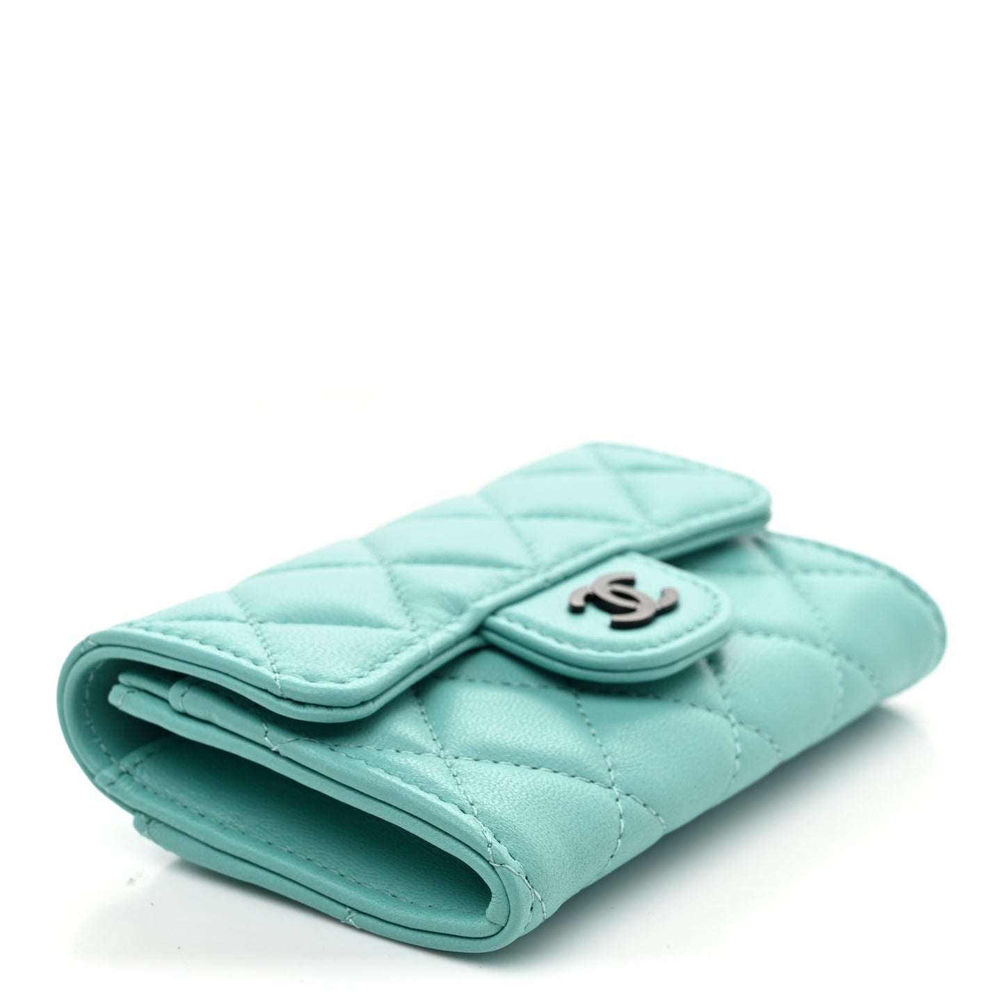 Lambskin Quilted Flap Card Holder Wallet Turquoise
