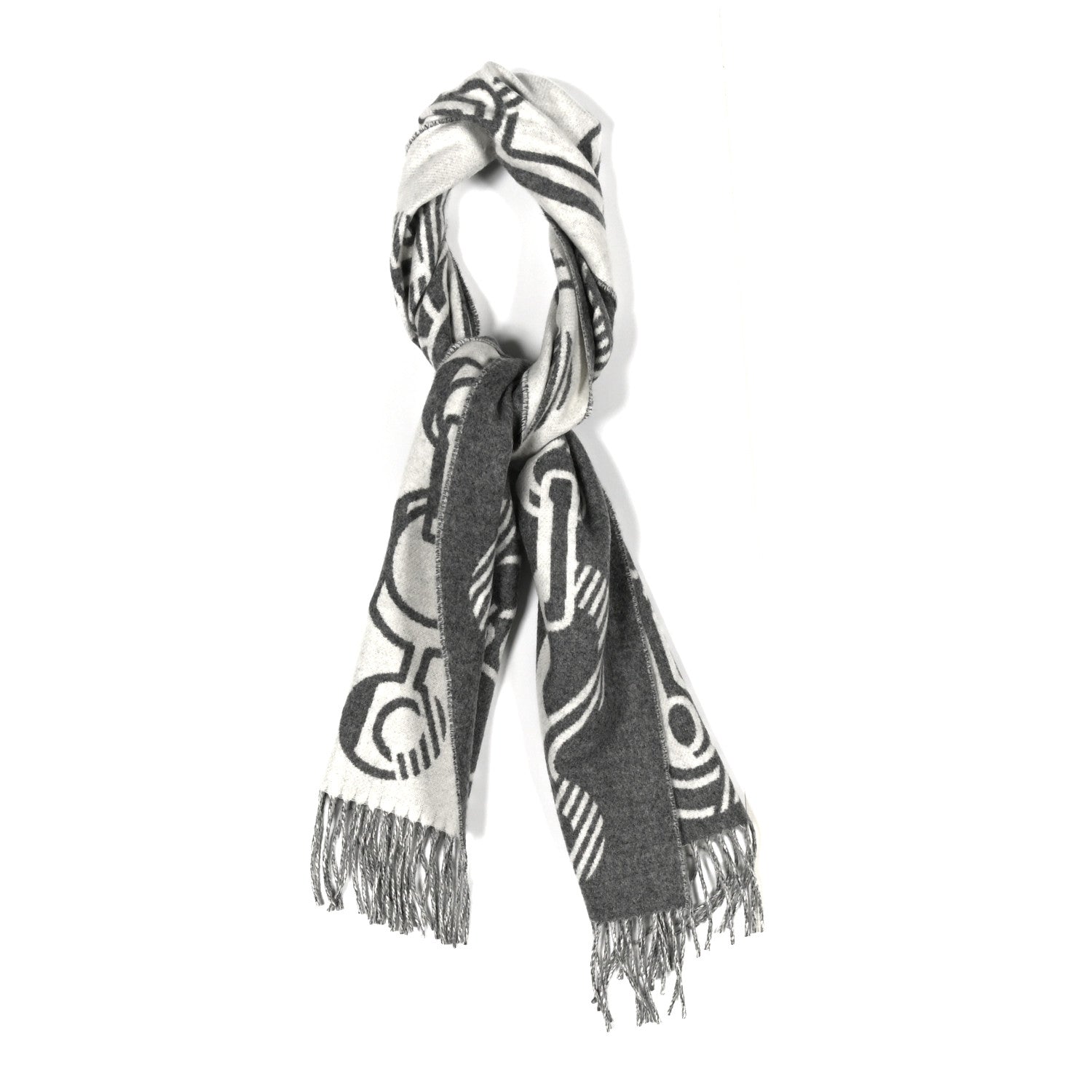 Hermes Cashmere Casaque Do Re Boucles Muffler Ivoire Gris Flanelle 1 of 3