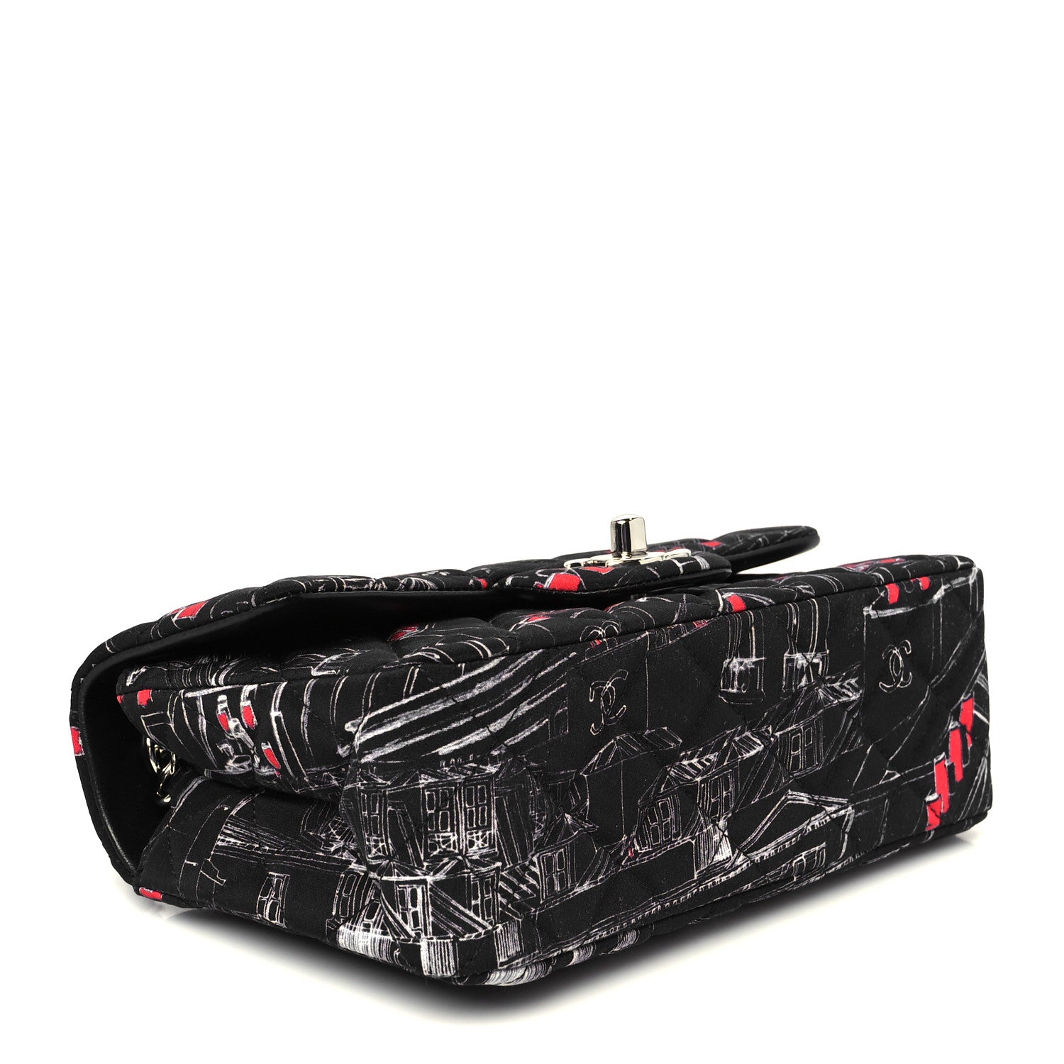 Chanel Fabric Printed Paris Rooftops Quilted Mini Rectangular Flap Black Red White 4 of 11