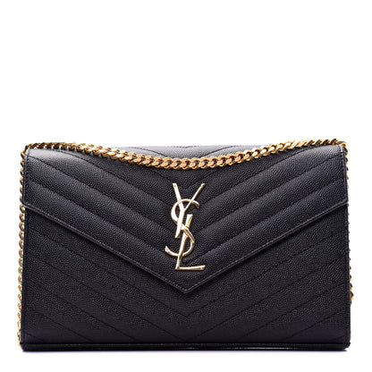 Saint Laurent Grain De Poudre Matelasse Chevron Monogram Chain Wallet Black 1 of 11