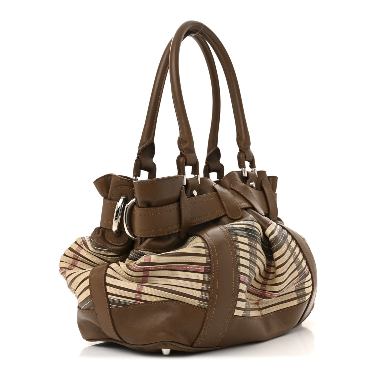 Burberry Bridle Calfskin House Check Sliced Beaton Tote Brown Ochre 3 of 17