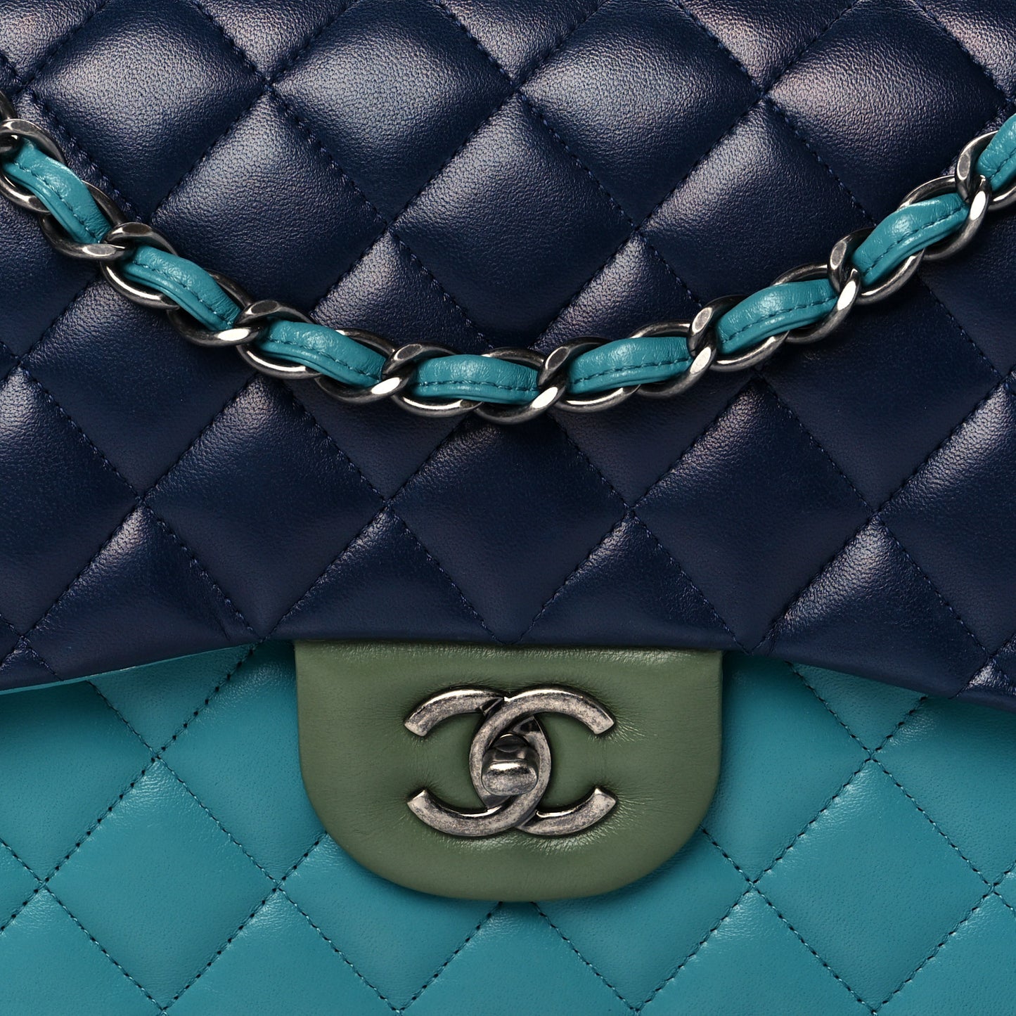 Lambskin Quilted Tri-Color Jumbo Double Flap Navy Blue Green