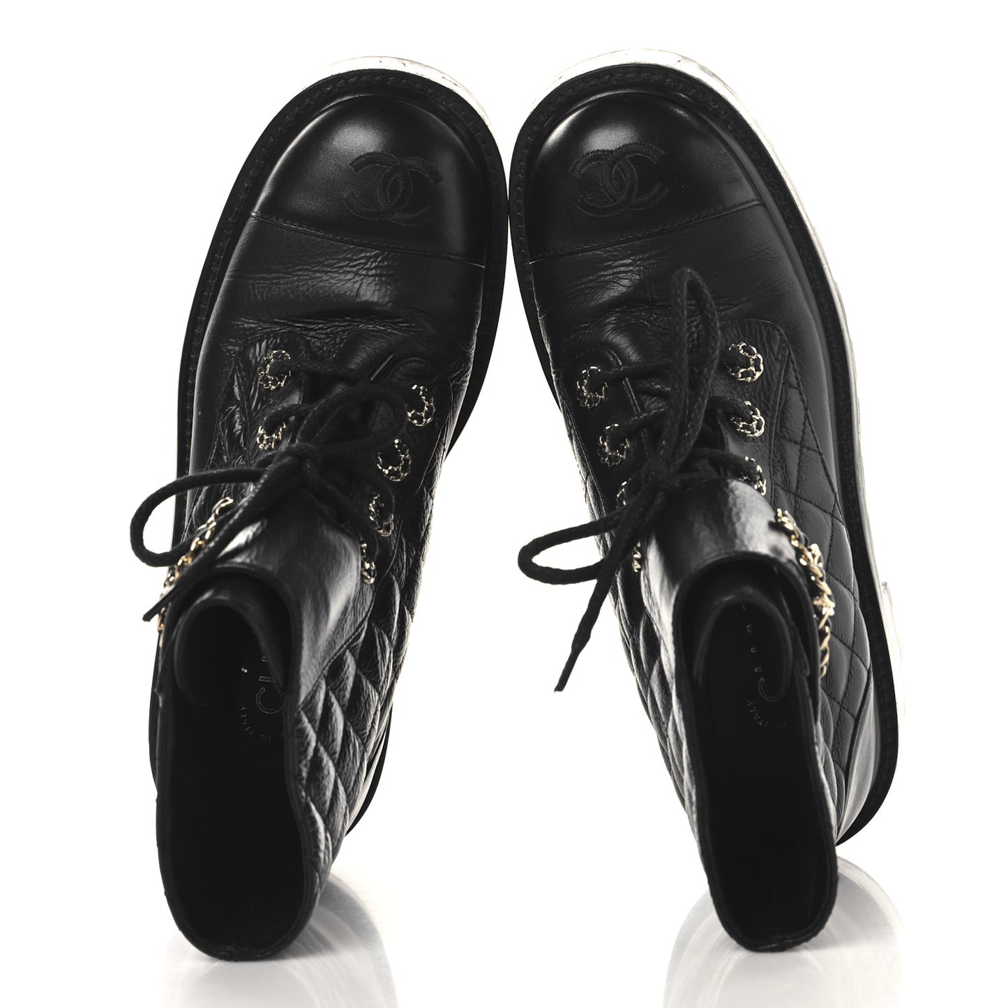 Shiny Calfskin Quilted Lace Up Combat Boots 37 Black