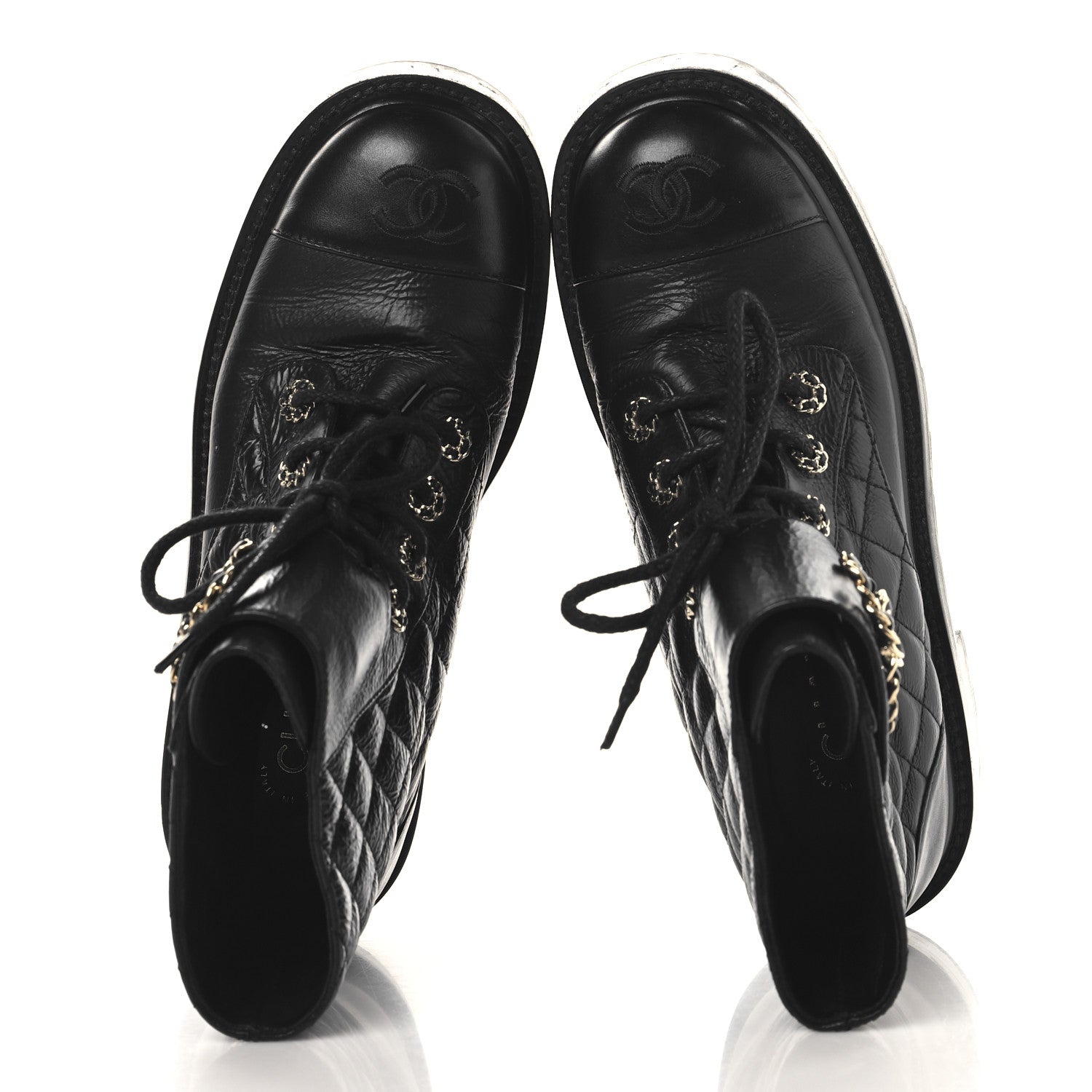 Chanel Shiny Calfskin Quilted Lace Up Combat Boots 37 Black 2 of 8