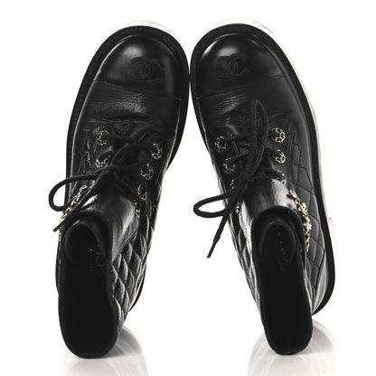 Chanel Shiny Calfskin Quilted Lace Up Combat Boots 37 Black 2 of 8