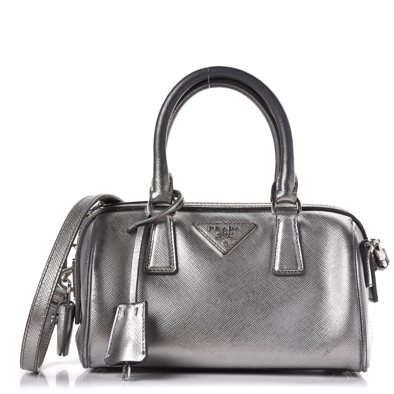 Prada Metallic Saffiano Lux Bowler Silver 1 of 15