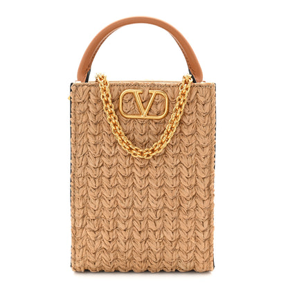 Valentino Garavani Raffia Calfskin Vlogo Top Handle Bag Naturale Light Brown 1 of 10