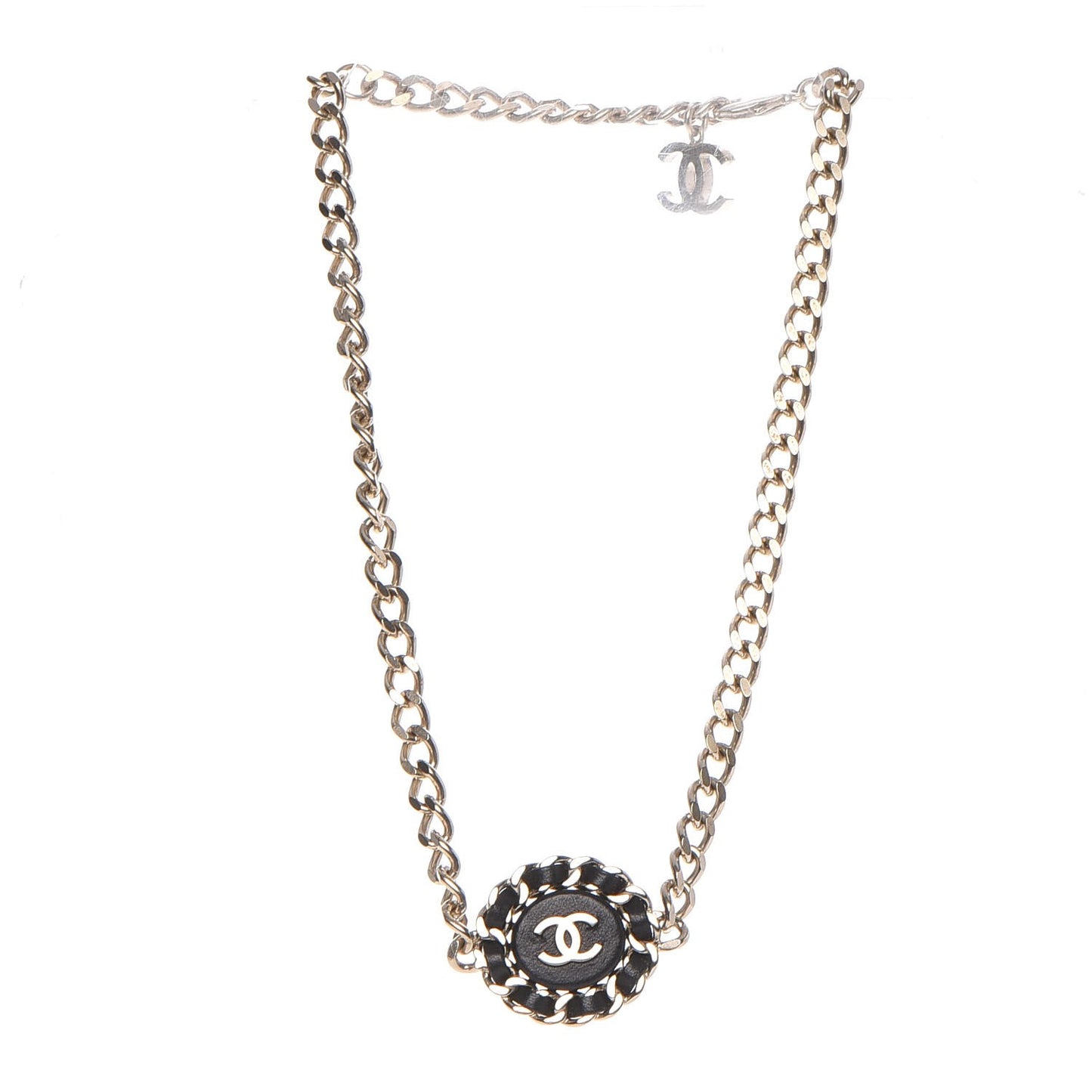 Lambskin CC Chain Short Necklace Black Gold