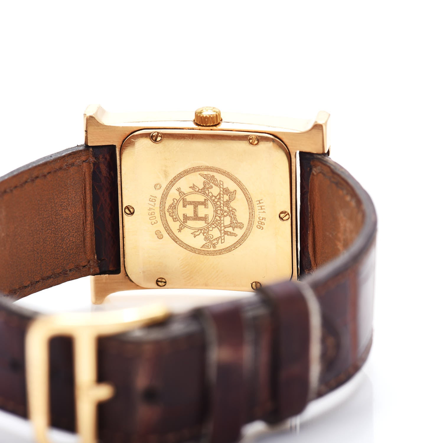 Hermes 18K Yellow Gold Alligator Diamond Bezel 26mm Heure H Hour Quartz Watch Brown 4 of 4