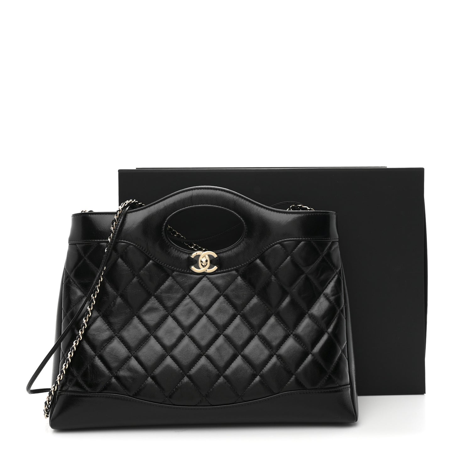 Shiny Lambskin Quilted 31 Shopping Bag Black