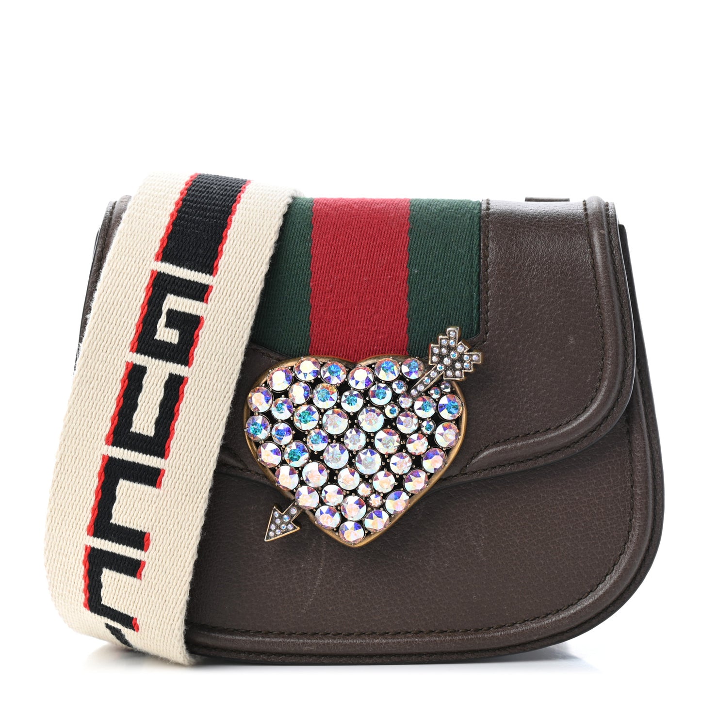 Textured Calfskin Web Crystal Heart Stripe Small Totem Shoulder Bag New Acero
