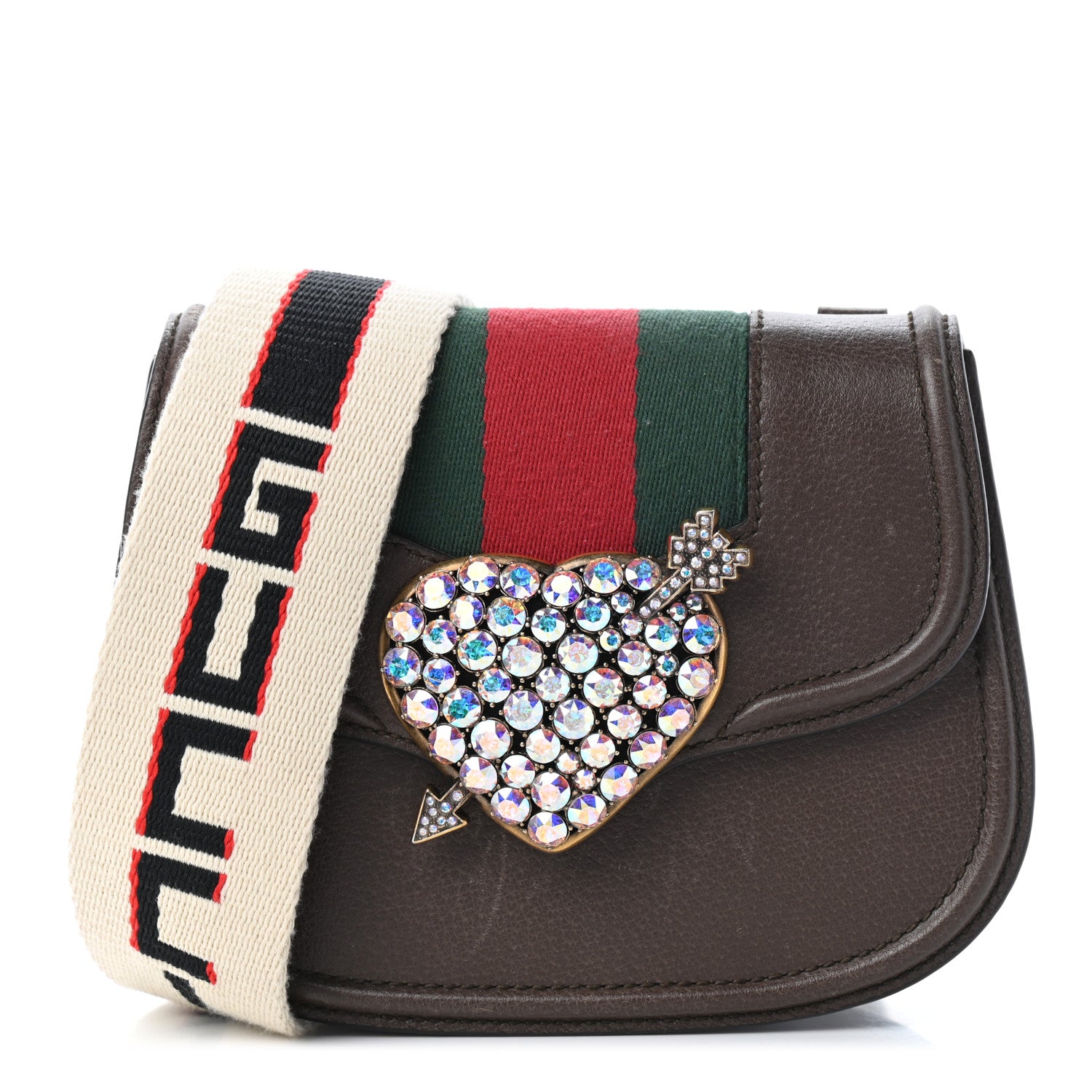 Gucci Textured Calfskin Web Crystal Heart Stripe Small Totem Shoulder Bag New Acero 1 of 10
