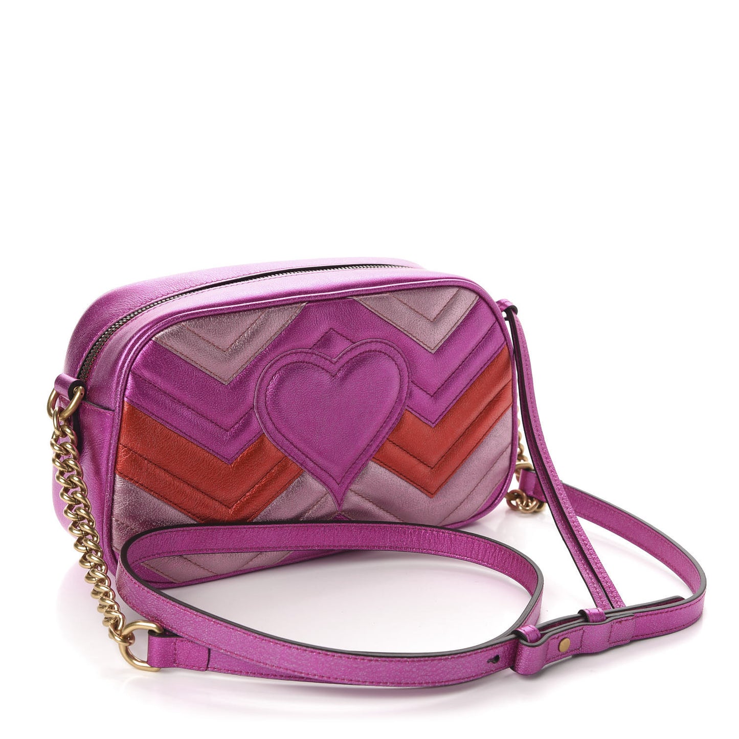 Laminated Nappa Matelasse Small GG Marmont Chain Shoulder Bag Fuxia Rosso Rosa