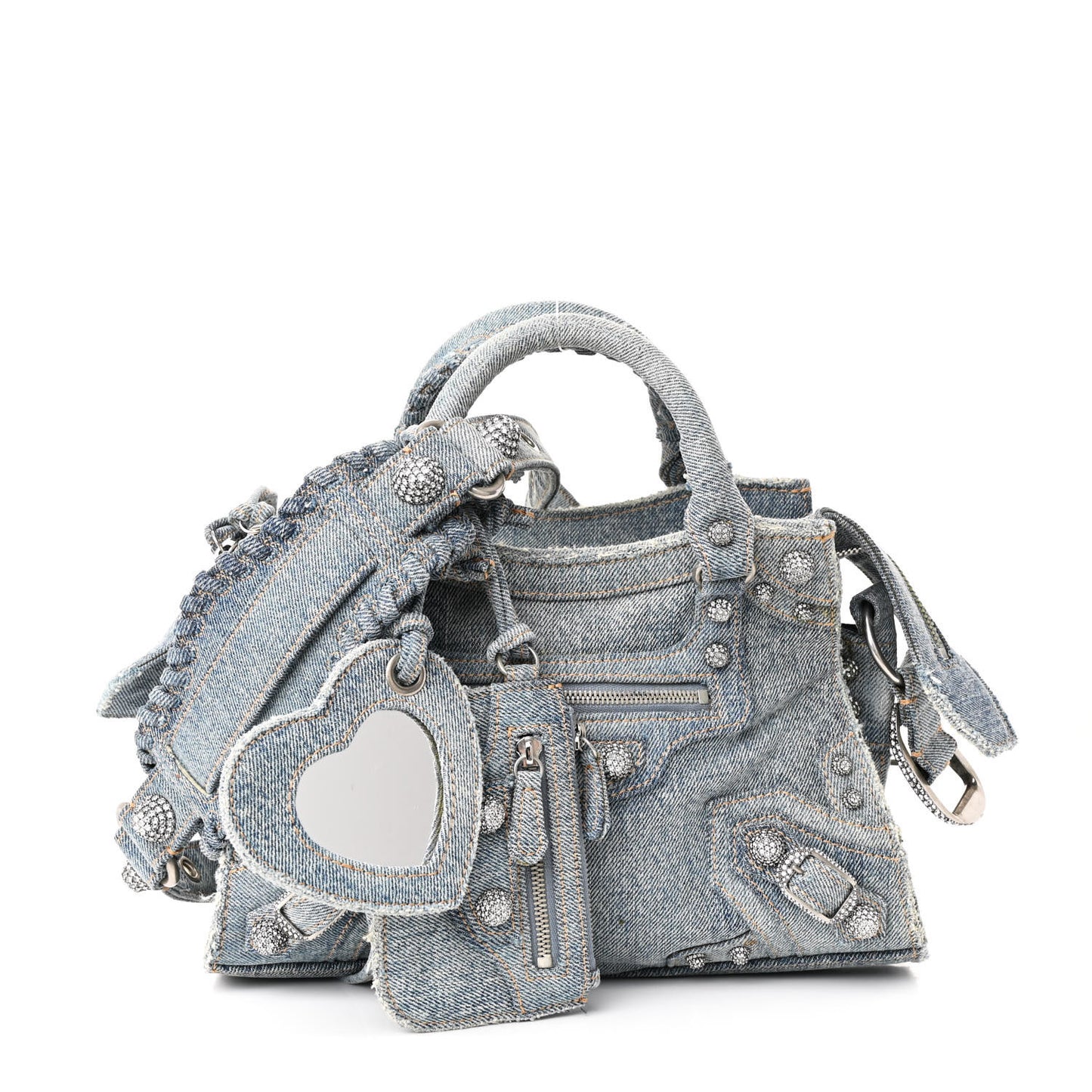 Washed Frayed Denim Crystal Neo Cagole Handbag XS Blue