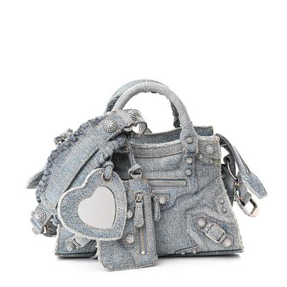 Balenciaga Washed Frayed Denim Crystal Neo Cagole Handbag XS Blue 3 of 11