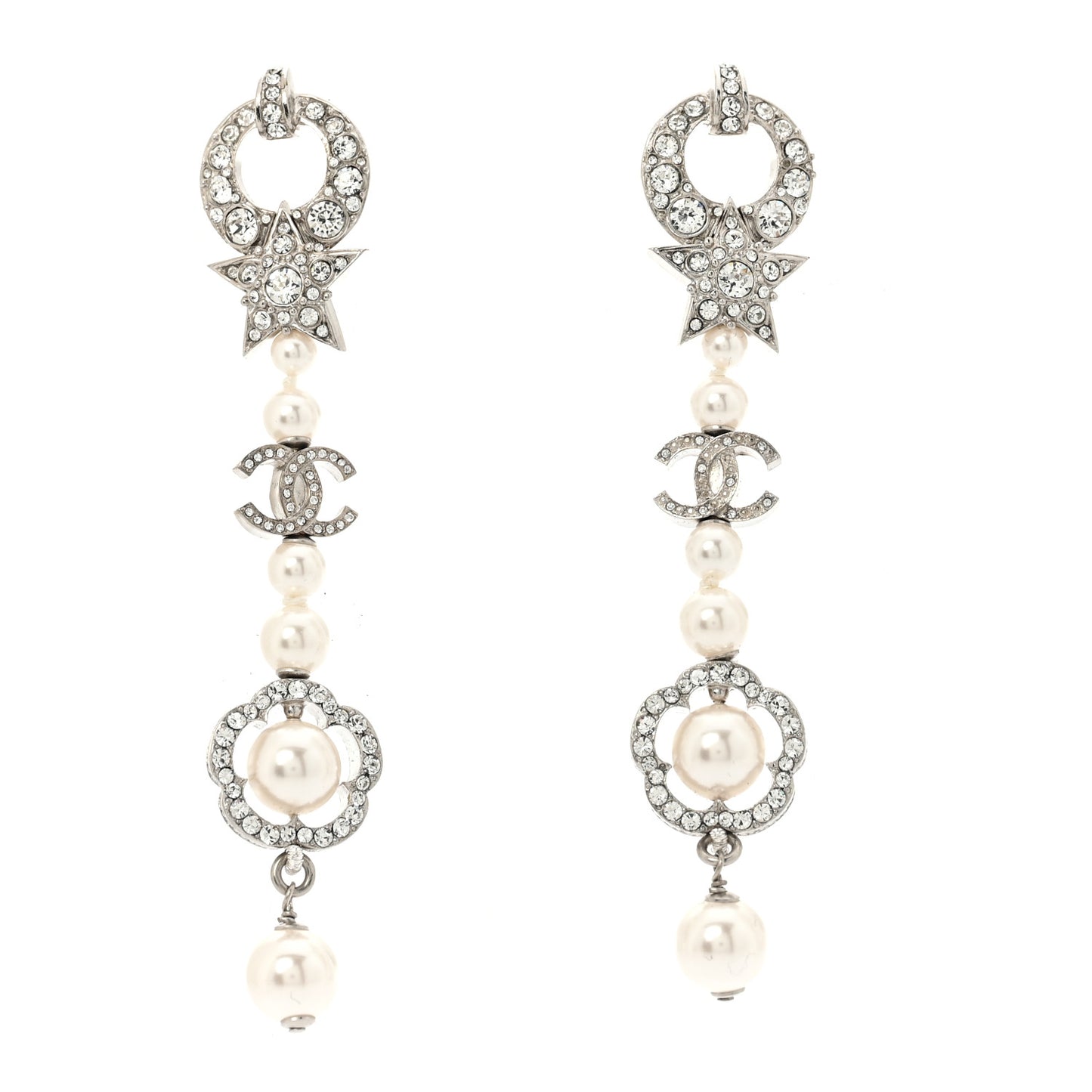 Strass Crystal Pearl CC Star Camellia Drop Earrings Silver