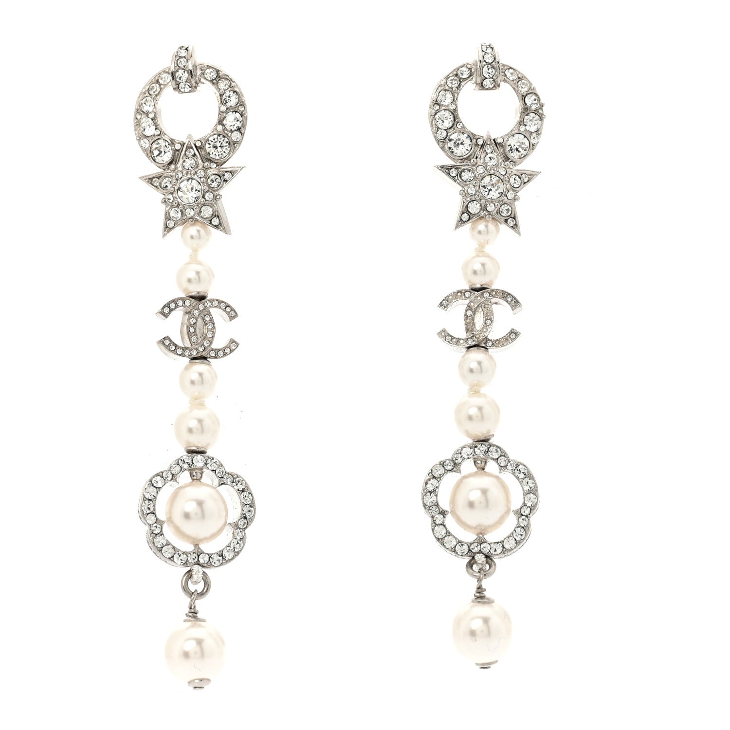 Chanel Strass Crystal Pearl CC Star Camellia Drop Earrings Silver 1 of 6