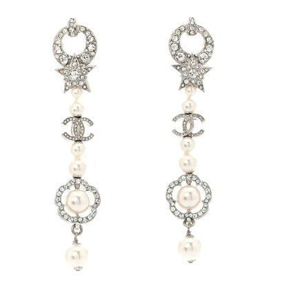 Chanel Strass Crystal Pearl CC Star Camellia Drop Earrings Silver 1 of 6