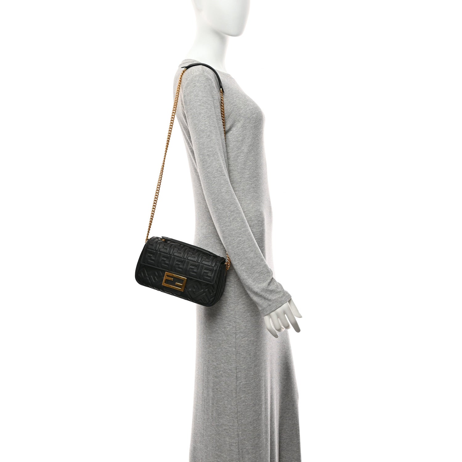 Fendi Nappa Small FF Embossed Mid Chain Baguette Black 2 of 10