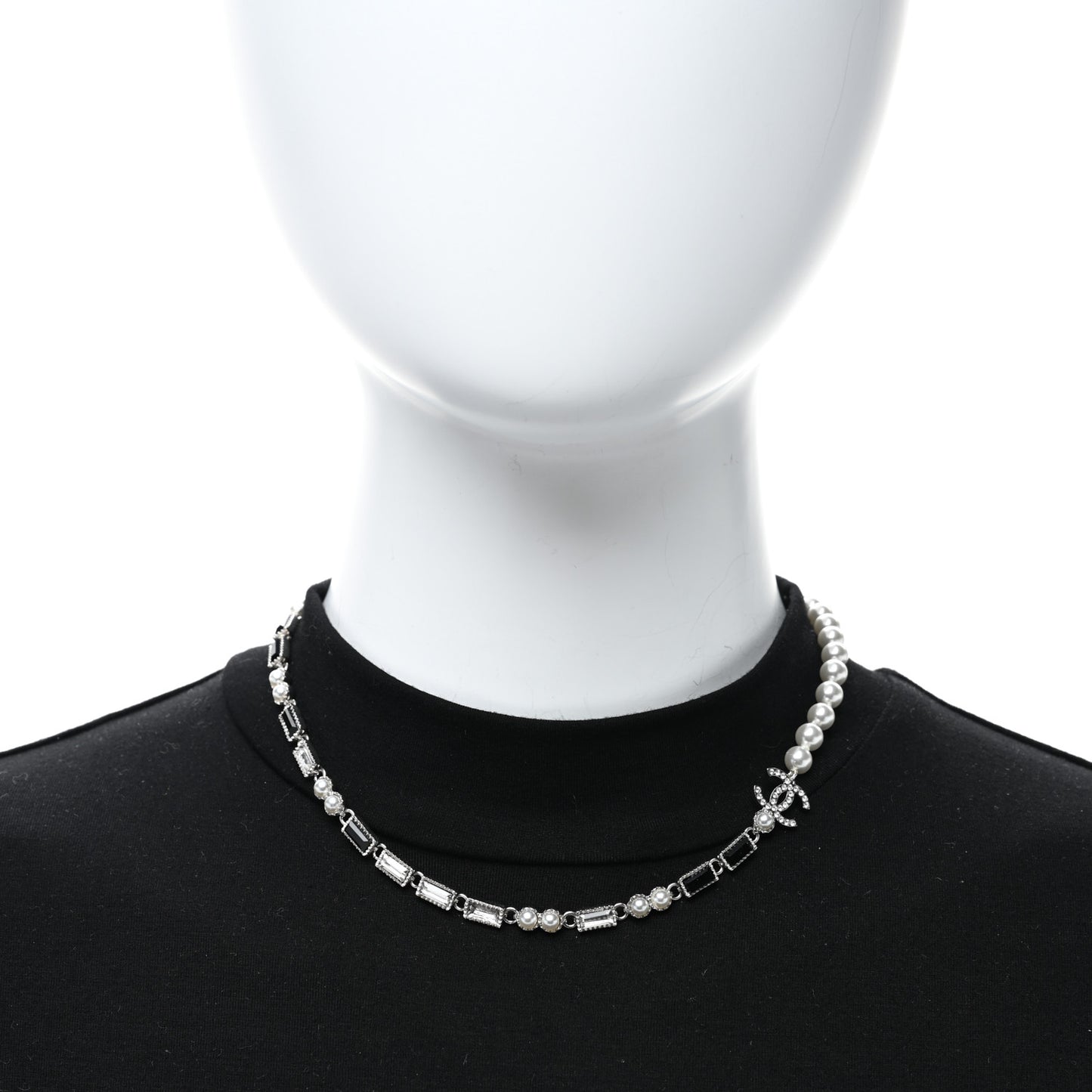 Pearl Baguette Crystal CC Choker Necklace Silver Black