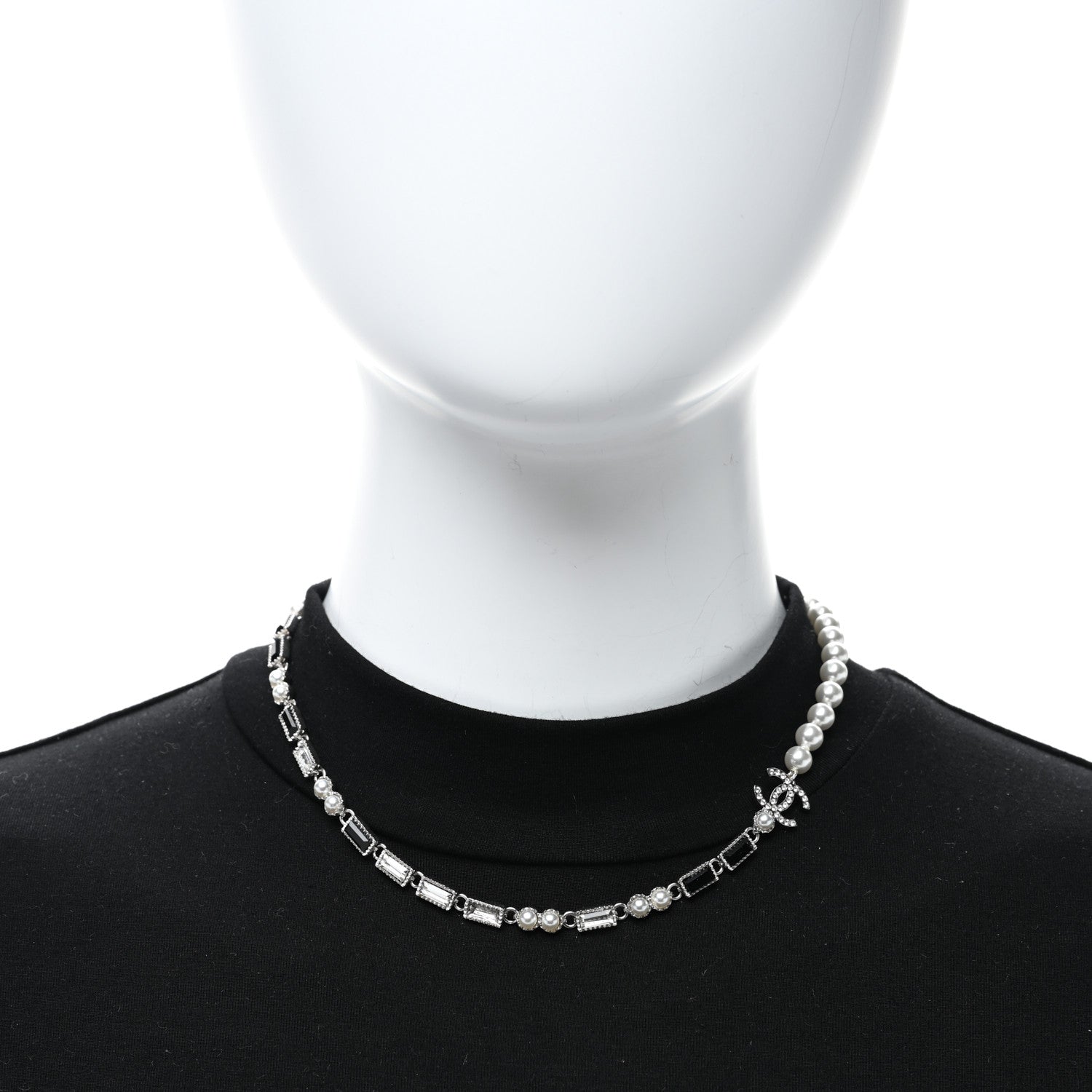Chanel Pearl Baguette Crystal CC Choker Necklace Silver Black 3 of 4