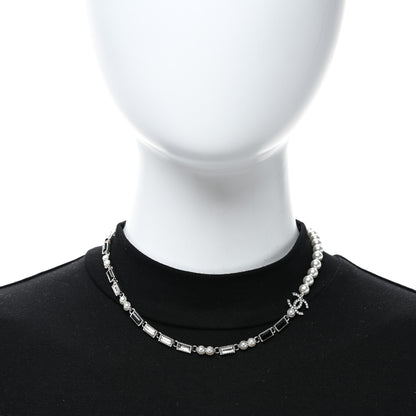 Chanel Pearl Baguette Crystal CC Choker Necklace Silver Black 3 of 4