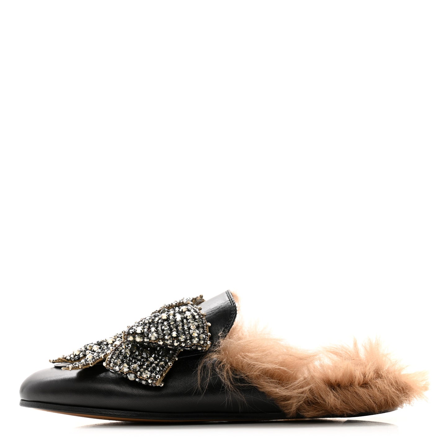 Malaga Kid Fur Crystal Bow Embroidered Womens Princetown Slippers 37 Black