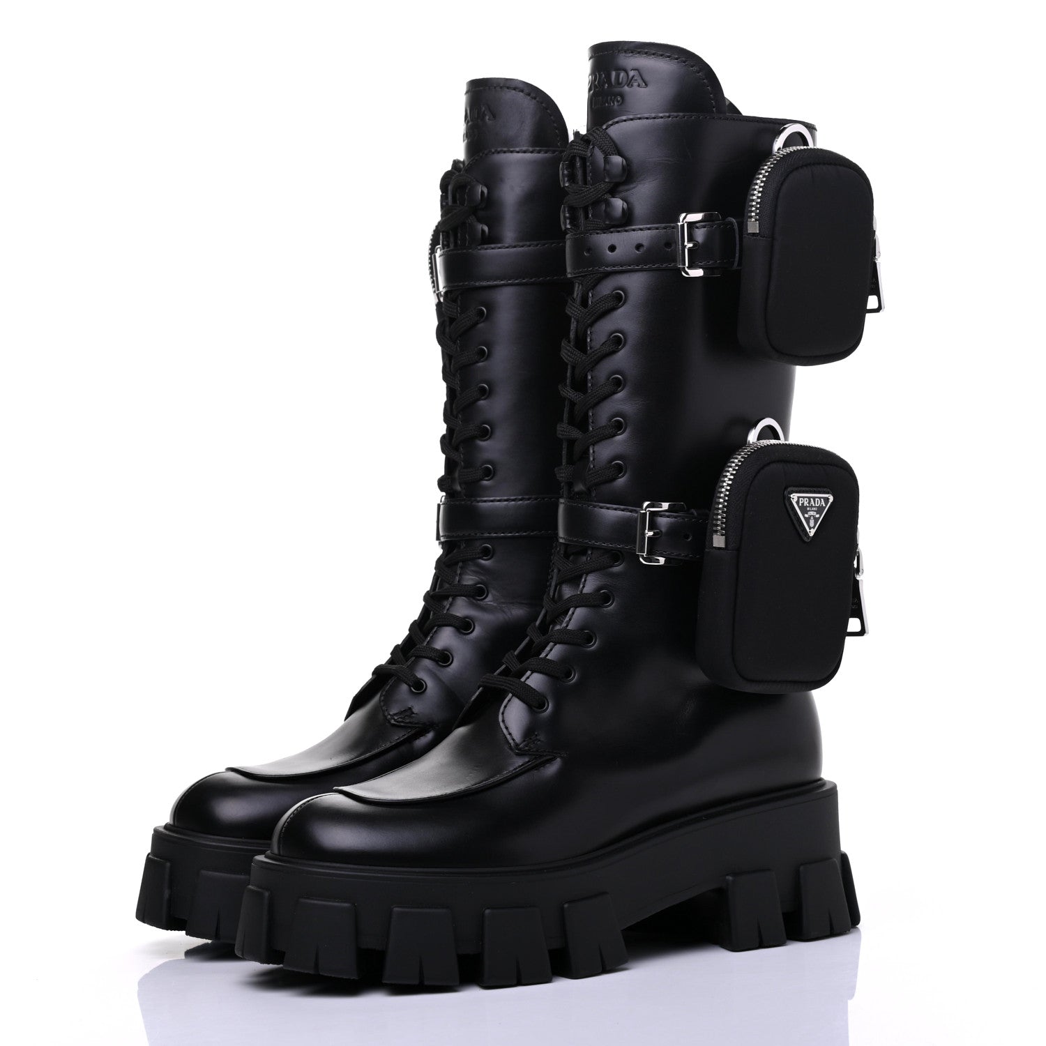 Prada Vitello Lux Nylon Metal Triangle Logo Monolith Pouch Pocket 55mm Tall Combat Boots 37.5 Black 3 of 15