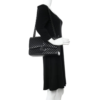 Chanel Lambskin Chevron Quilted Jumbo Double Flap So Black 2 of 11