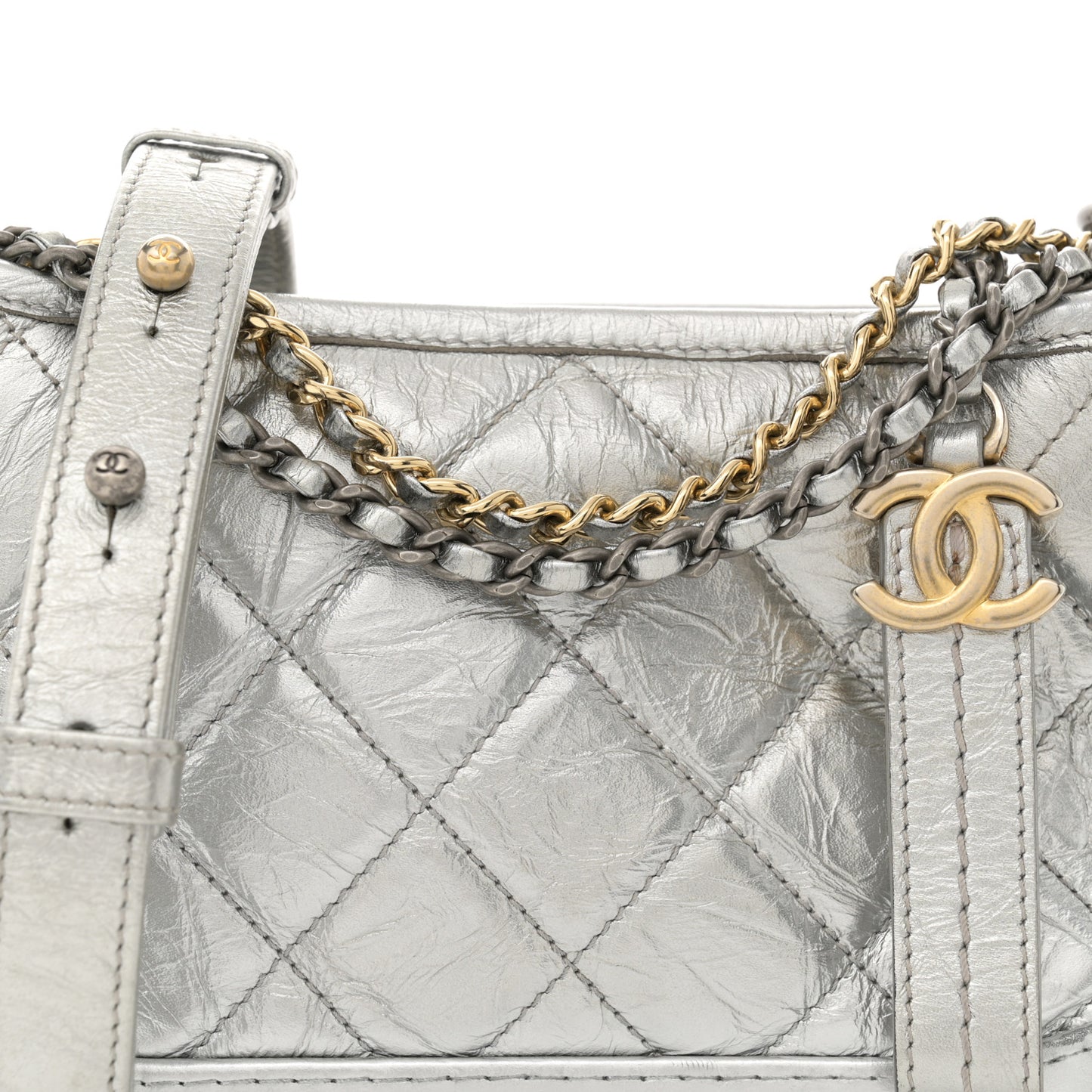 Metallic Aged Calfskin Quilted Small Gabrielle Hobo Silver