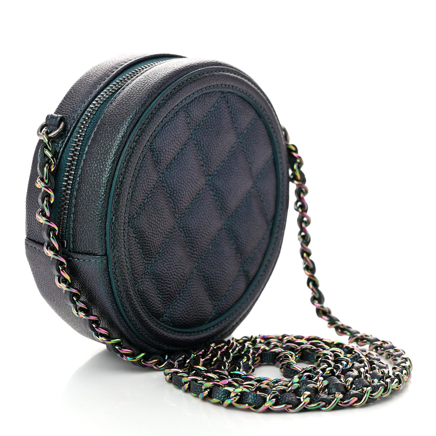Iridescent Caviar Quilted Round Filigree Crossbody Dark Turquoise