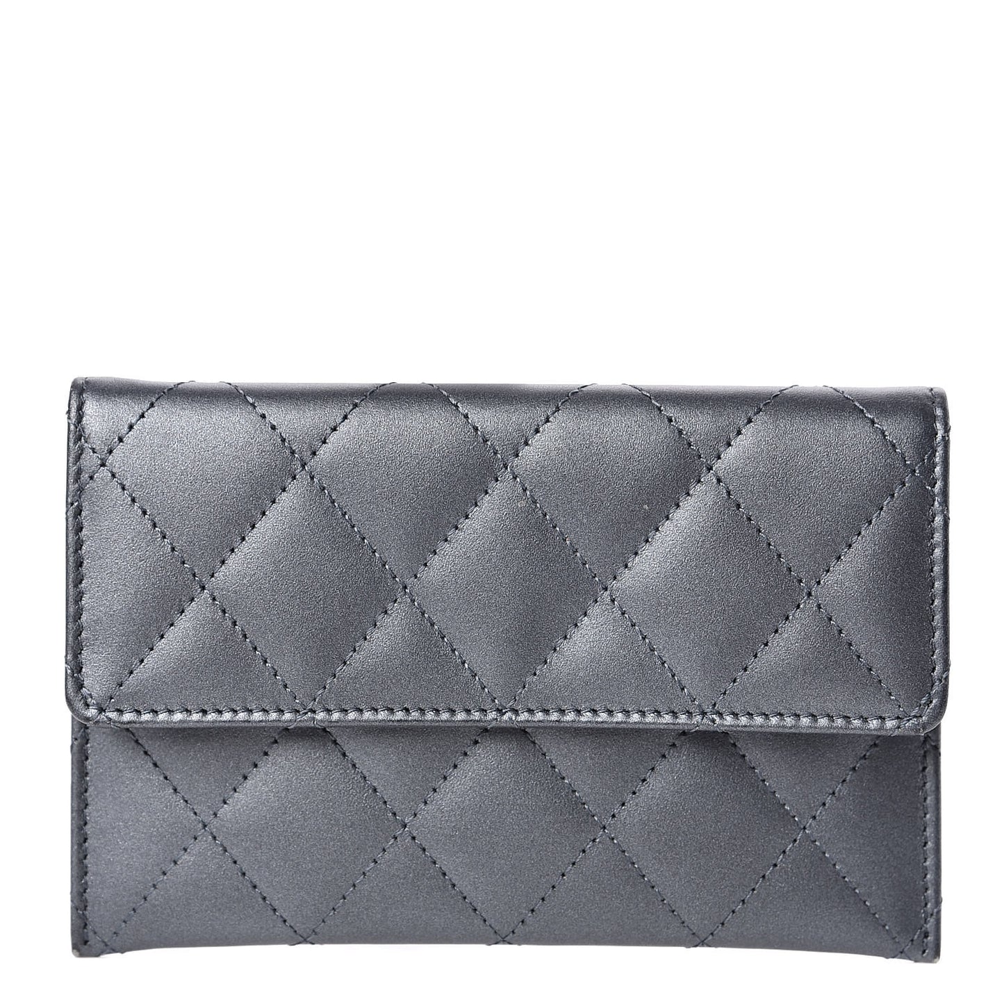 Metallic Lambskin Quilted Card Holder Dark Grey
