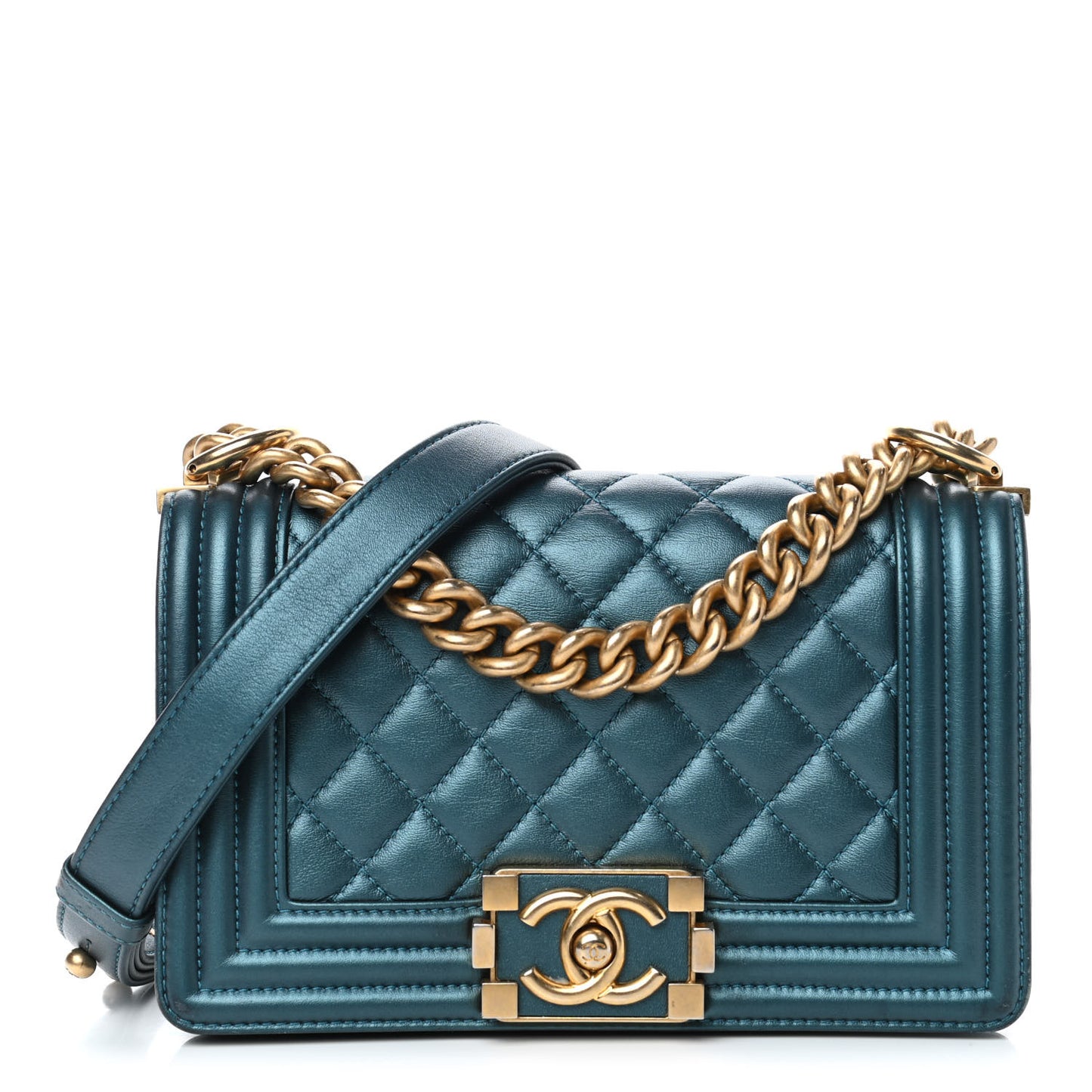 Metallic Calfskin Quilted Small Boy Flap Navy Blue